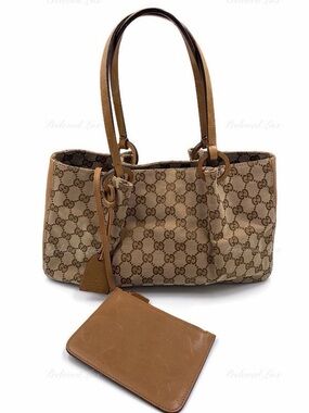 Authentic Gucci GG Canvas & Leather Tote Bag with Attached Pouch